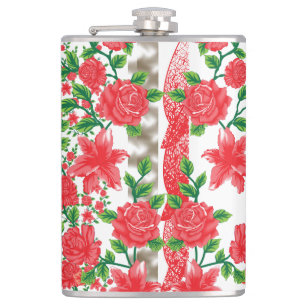 a bunch of red flowers on a white background hip flask