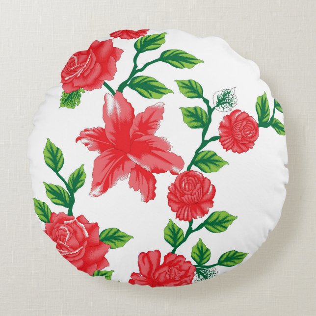 a bunch of red flowers on a white background round pillow (Front)