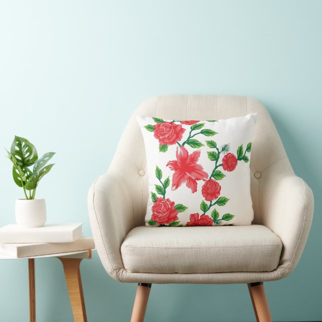 a bunch of red flowers on a white background throw pillow (Chair)