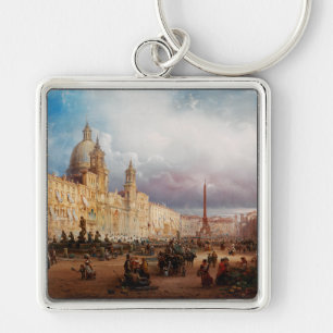 A bustling market on the Piazza Navona in Rome  Keychain