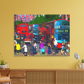 A busy Oxford Street with shoppers and red buses.  Canvas Print