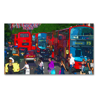 A busy Oxford Street with shoppers and red buses.  Magnetic Business Card
