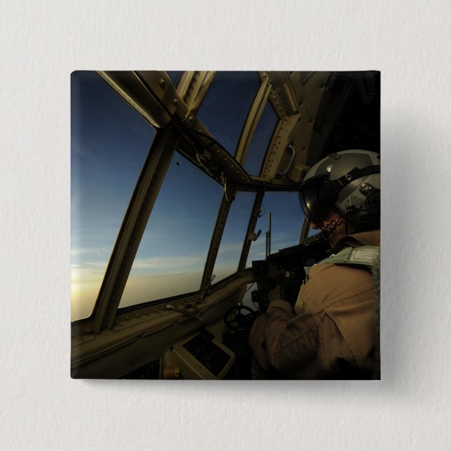A C-130 Hercules pilot scans the horizon 2 Inch Square Button (Front)