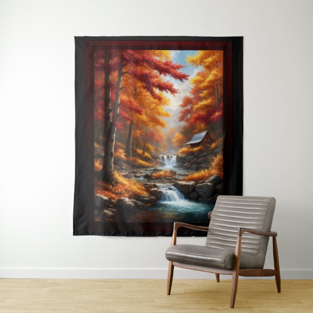 A Cabin In Autumn Woods AI Concept Art by Xzendor7 Tapestry (In Situ)