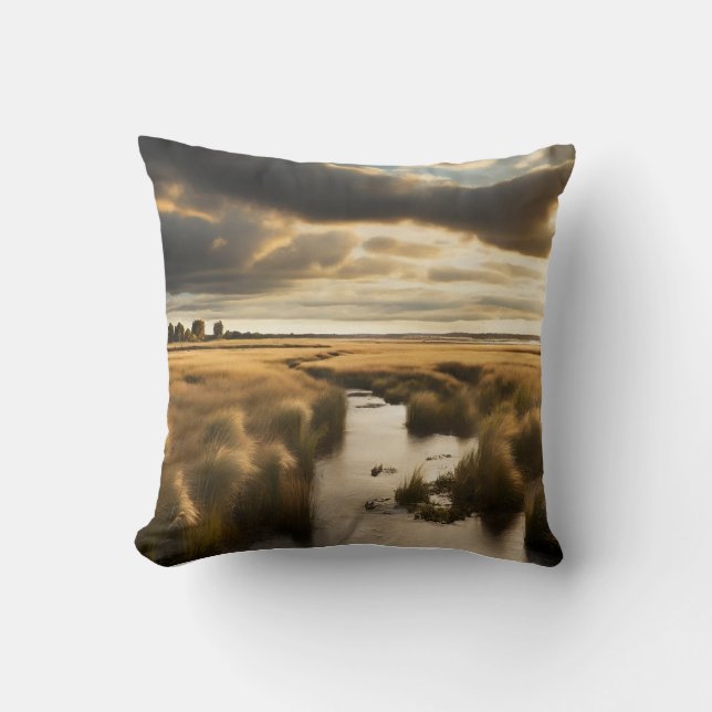 A calm landscape of wetlands with a small stream   throw pillow (Front)