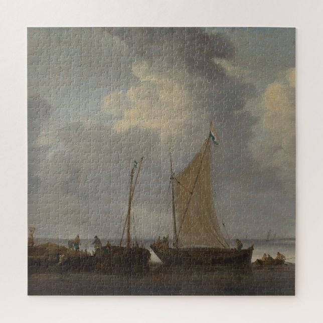 A calm with fishermen unloading their catch  jigsaw puzzle (Vertical)