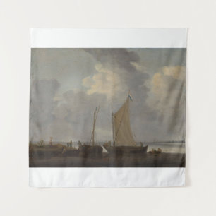 A calm with fishermen unloading their catch  tapestry