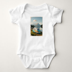 A camping van parked by a lake with a reflection baby bodysuit