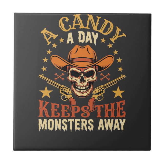 A Candy a Day Keeps the Monsters Away Halloween Sk Tile (Front)