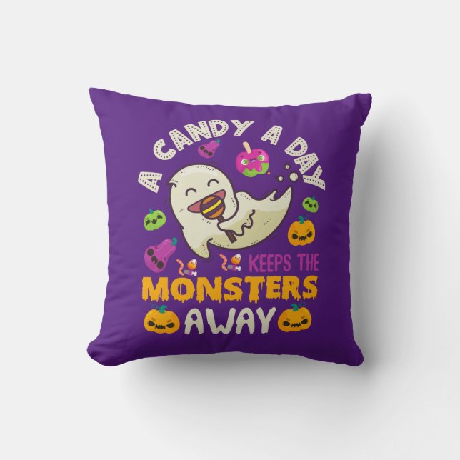 A Candy A Day Keeps The Monsters Away Halloween Th Throw Pillow (Front)