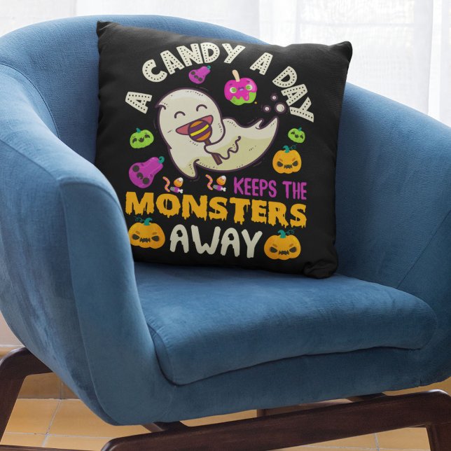 A Candy A Day Keeps The Monsters Away Halloween   Throw Pillow (Creator Uploaded)