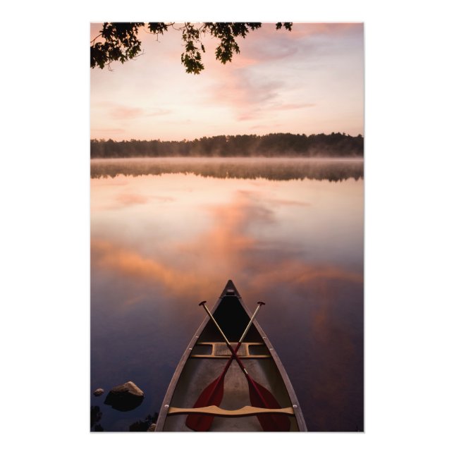 A canoe rests on the shore of Pawtuckaway Lake Photo Print (Front)