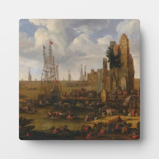 A Capriccio View Of A Busy Harbour Scene Plaque (Front)