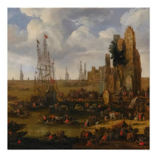 A Capriccio View Of A Busy Harbour Scene Poster