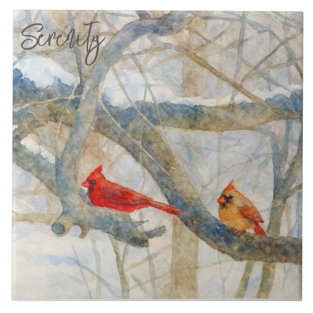 A Cardinal Couple Perched in the Snow Tile (Front)