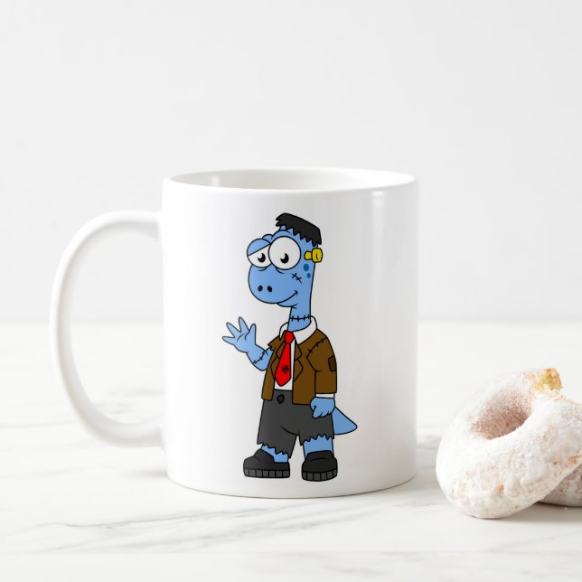 A Cartoon Brontosaur Dressed Up As Frankenstein. Coffee Mug (With Donut)