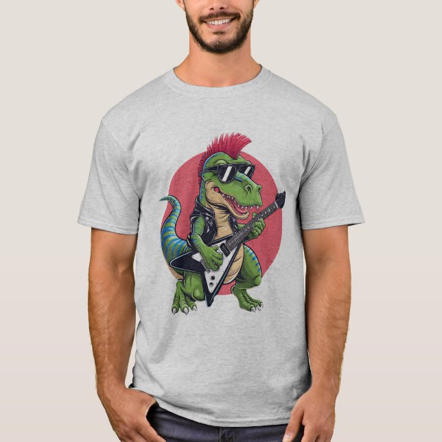  a cartoon dinosaur playing an electric guitar T-Shirt (Front)