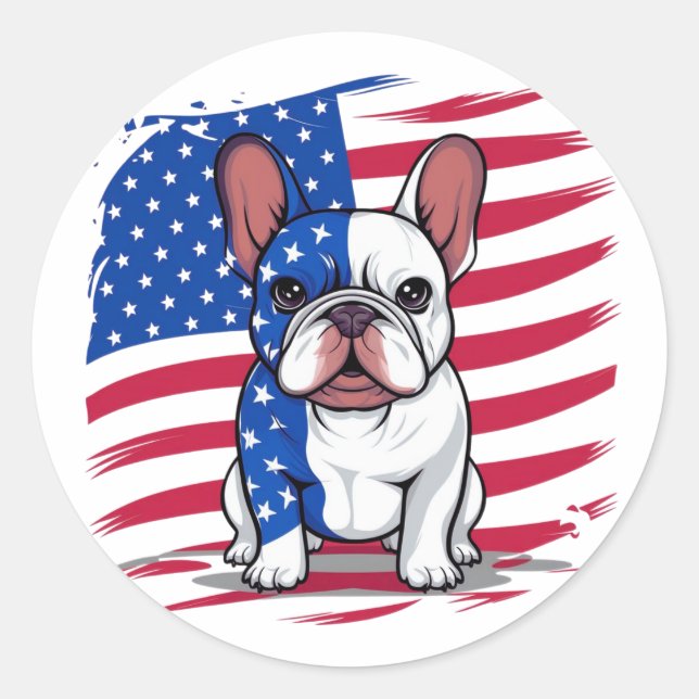 A cartoon French bulldog with American flag Classic Round Sticker (Front)