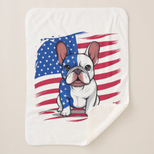 A cartoon French bulldog with American flag Sherpa Blanket