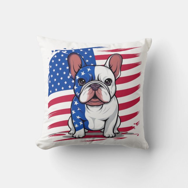 A cartoon French bulldog with American flag Throw Pillow (Front)