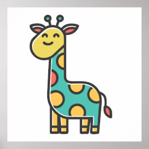 A cartoon giraffe with a yellow head , teal body a poster