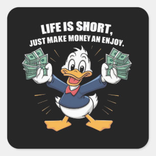 A cartoon happy character duck holding bundles Square Sticker