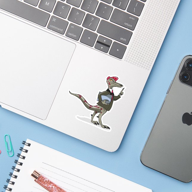 A Cartoon Iguanodon Clerk. (Laptop w/ iPhone)