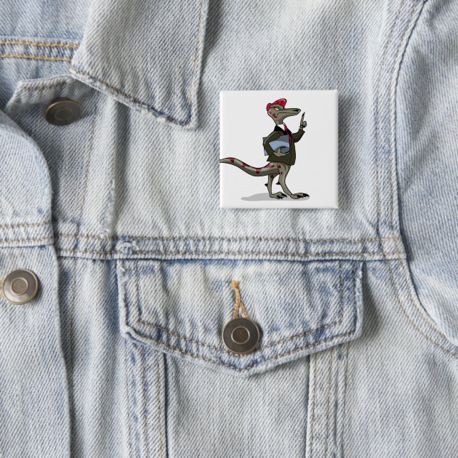 A Cartoon Iguanodon Clerk. 2 Inch Square Button (In Situ)