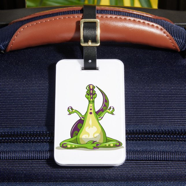 A Cartoon Iguanodon Dinosaur Doing Yoga. Luggage Tag (Front Insitu 2)