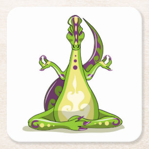 A Cartoon Iguanodon Dinosaur Doing Yoga. Square Paper Coaster