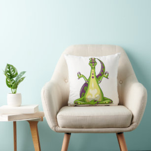 A Cartoon Iguanodon Dinosaur Doing Yoga. Throw Pillow