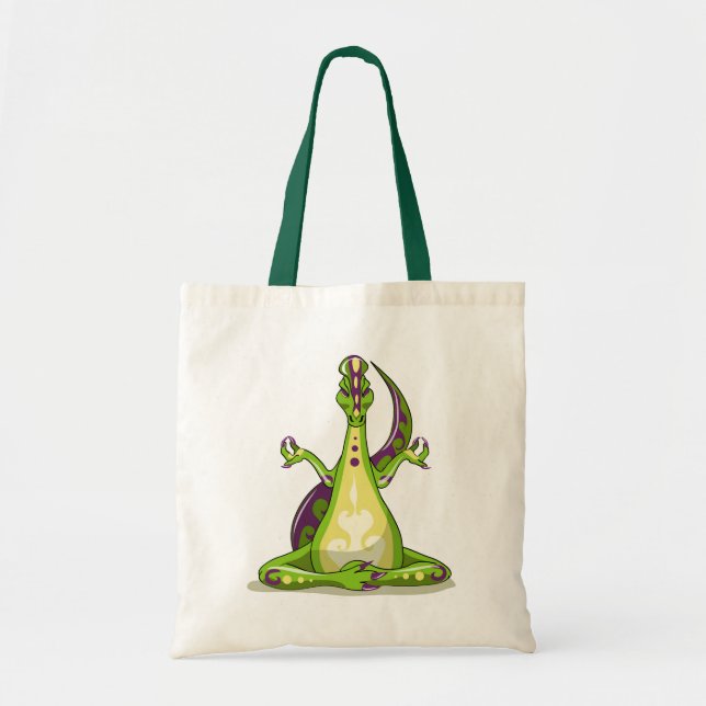 A Cartoon Iguanodon Dinosaur Doing Yoga. Tote Bag (Front)