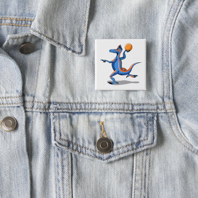 A Cartoon Iguanodon Playing Basketball. 2 Inch Square Button (In Situ)