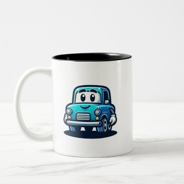 a cartoon of an old smiling blue car Two-Tone coffee mug (Left)