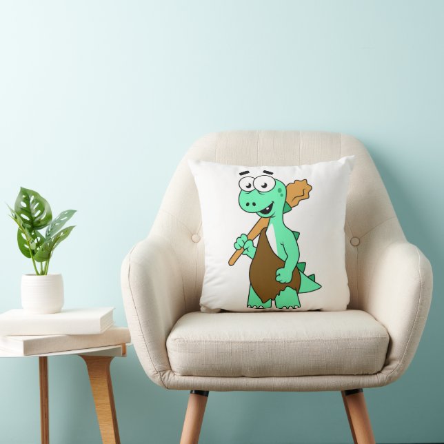 A Cartoon Tyrannosaurus Rex Caveman. Throw Pillow (Chair)
