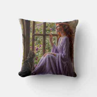 A cat a Lady and a beautiful day. Throw Pillow