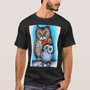 A Cat And An Owl Mixed Art T-Shirt