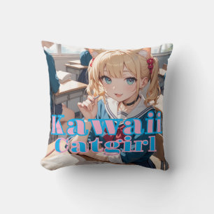 a cat-ear girl in sailor-style clothes throw pillow