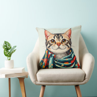 a cat in a blanket throw pillow