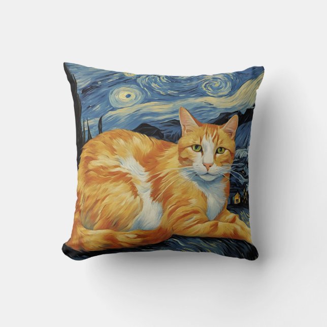 A Cat in The Starry Night Throw Pillow (Front)