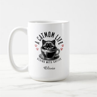A cat mom life begins with coffee, Custom name Coffee Mug