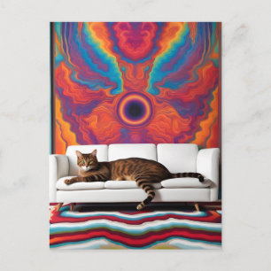 A cat on a white couch psychedelic colourful uniqu postcard