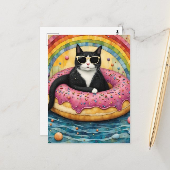 A Cat on Vacation in a Floating Doughnut Postcard (Front/Back In Situ)