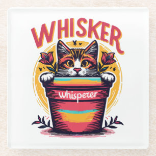 A cat peeking out from behind a flowerpot glass coaster