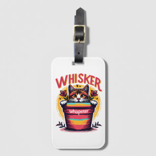 A cat peeking out from behind a flowerpot luggage tag