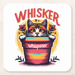 A cat peeking out from behind a flowerpot square paper coaster