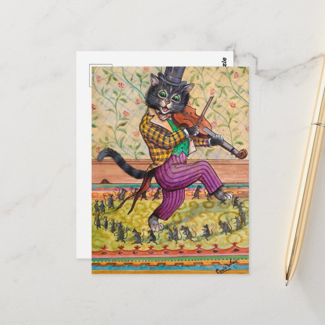 A Cat Playing a Fiddle by Louis Wain Postcard (Front/Back In Situ)