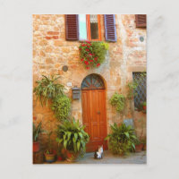 A cat seeks entrance to home in Pienza, Italy.