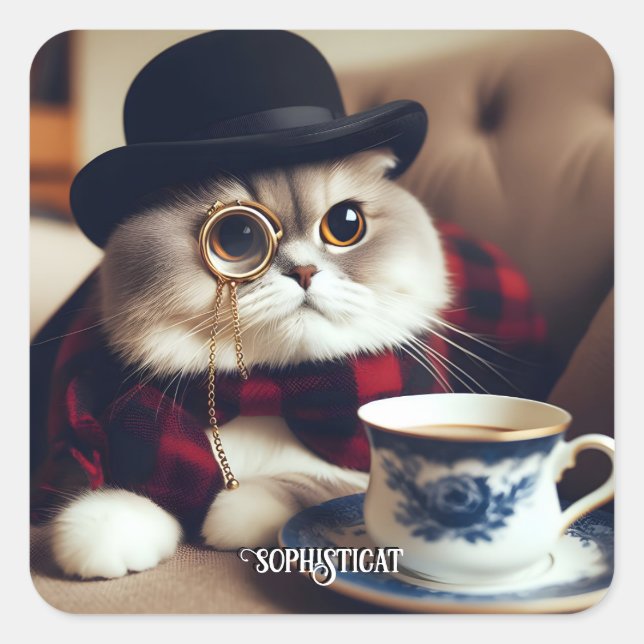 A Cat Wearing a Monocle Square Sticker (Front)