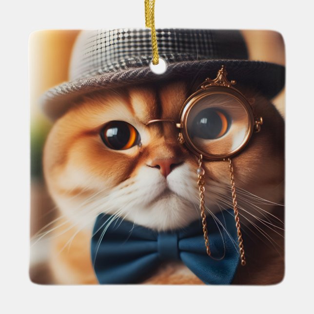 A Cat Wearing a Monocle VII Ceramic Ornament (Front)